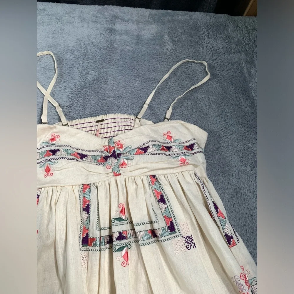 Free People Cream Mini Dress with Pink & Green Embroidery